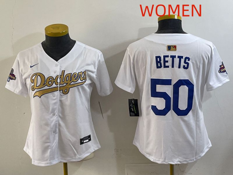 Women Los Angeles Dodgers #50 Betts White Champion edition Nike MLB Jersey style 001->women mlb jersey->Women Jersey